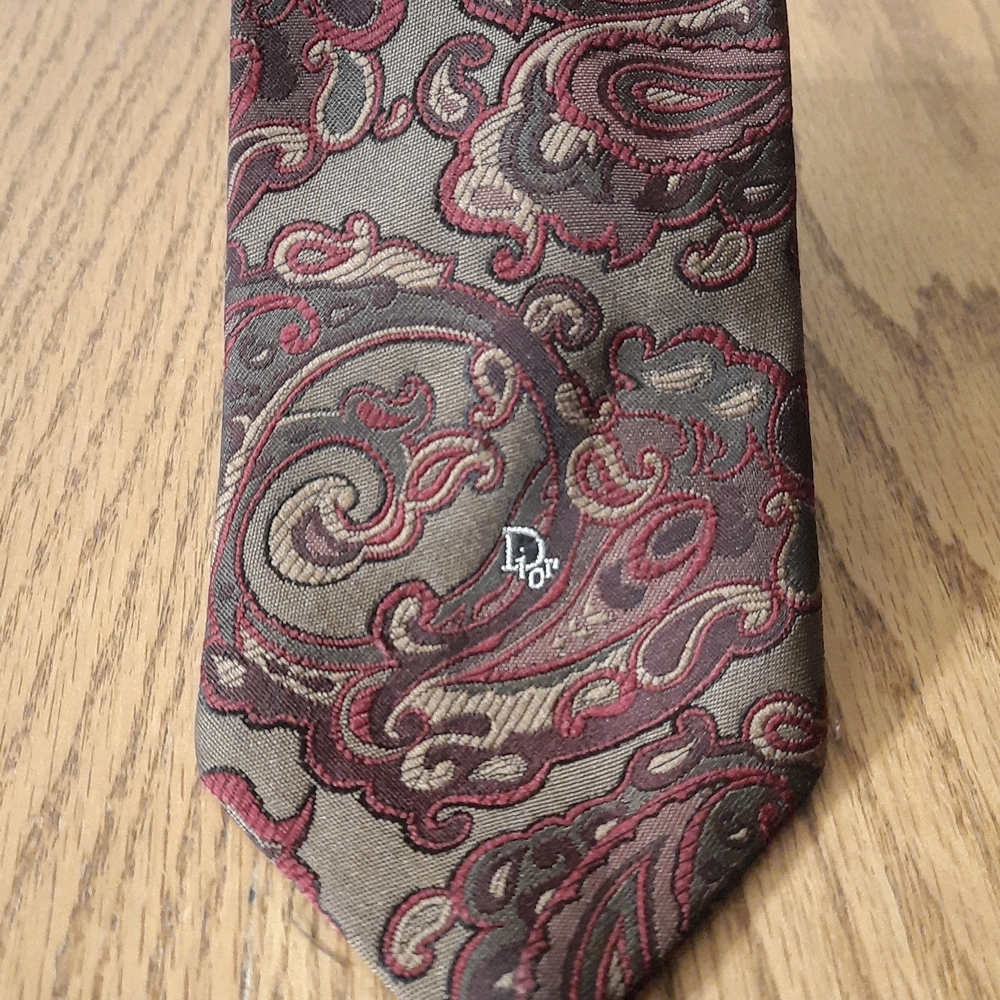 Vintage Christian Dior Paisley Tie Burgundy & Olive Elegant Designer Necktie